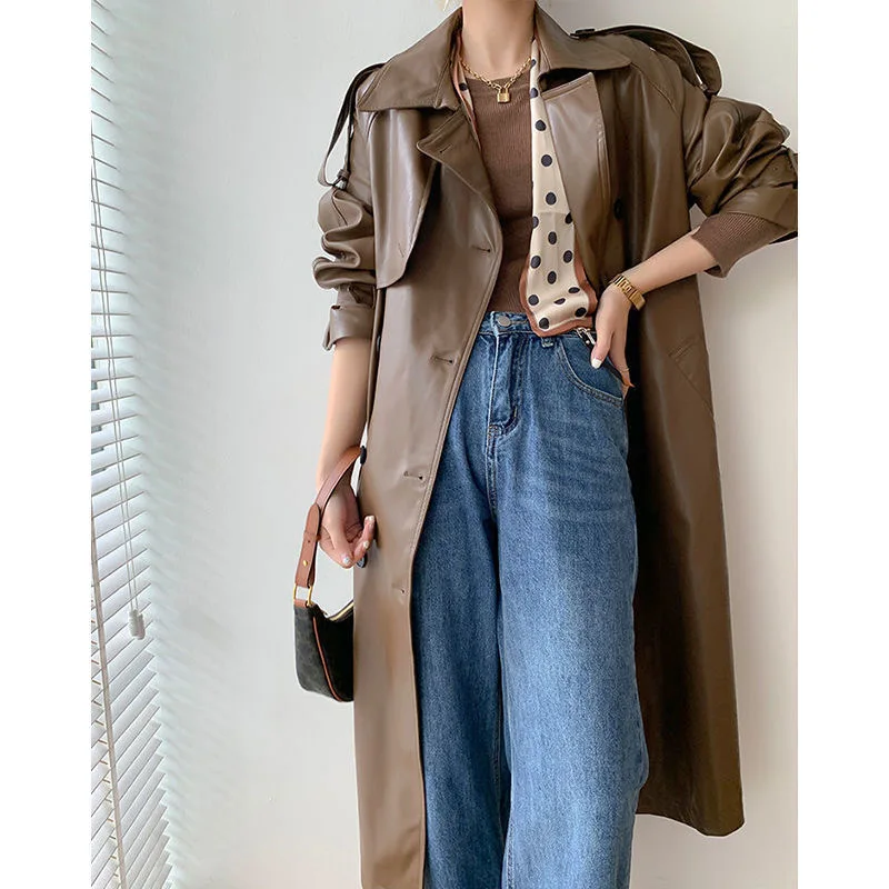 

Cool French Black Faux Leather Trench Coat Women Jacket Raglan Long Sleeve Double Breasted Brown Korean Fashion Spring Ins