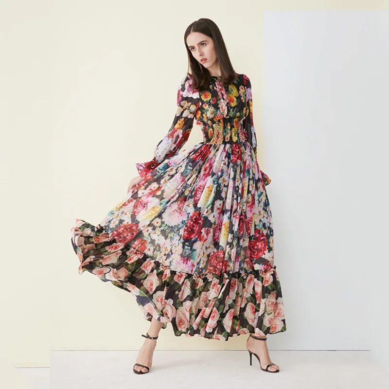 

2020 Autumn Length High Waist Dress Women Elegant Summer Fashion Floral Pattern Thin Full Flare Sleeve Bohemian Slim