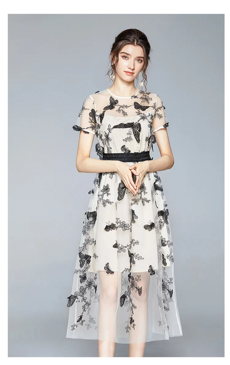 

Women's Dress Lace O-neck Girl's Dresses New Loose Summer Casual Short Sleeve Plus Size Print A-LINE Lady Mid-Calf Houthion