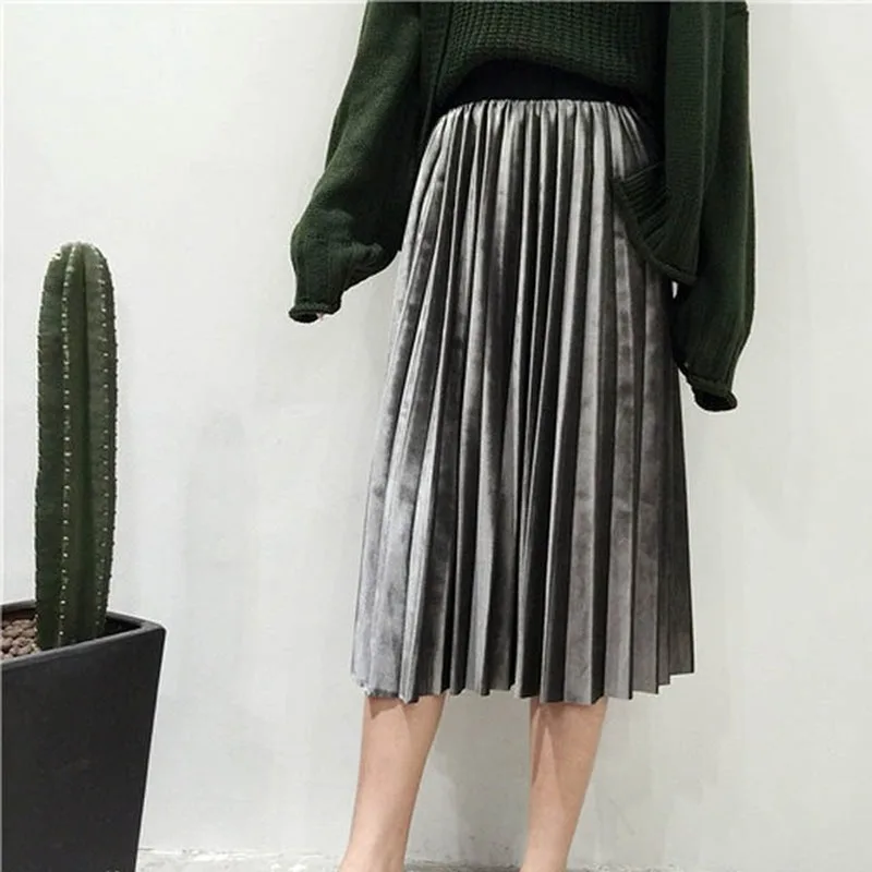 Spring Summer 2018 New Fashion Skirt High Waist Velvet Pleated Women Solid Elastic Female | Женская одежда