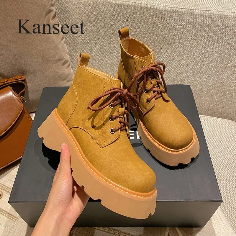 

Kanseet Lace-Up Women Ankle Boots 2021 Autumn Winter New Round Toe Genuine Leather Chunky Heels Martin Boots For Ladies Size 40