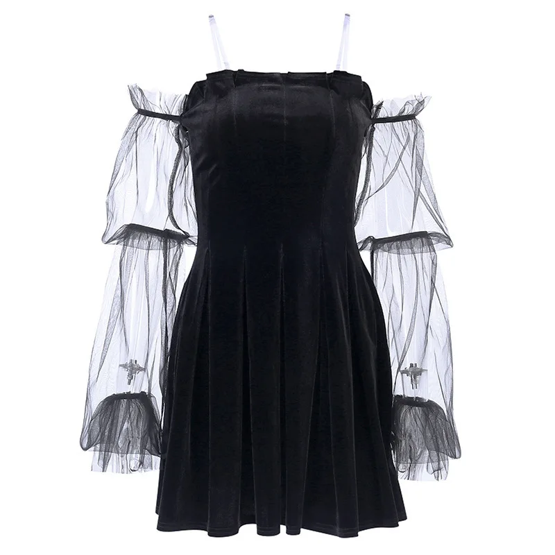 

XUXI Retro Gothic Lace Mesh Dress, Pleated Long Sleeve Suspender Dress, Punk Fashion, Hip Hop, Granger, Emo Fashion, E965