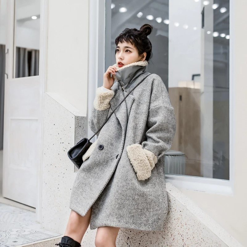 Шерстяное длинное пальто в елочку из овечьей шерсти теплое свободное шерстяное