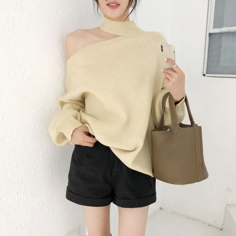 Осенне-зимний Повседневный корейский свитер с открытыми плечами водолазка