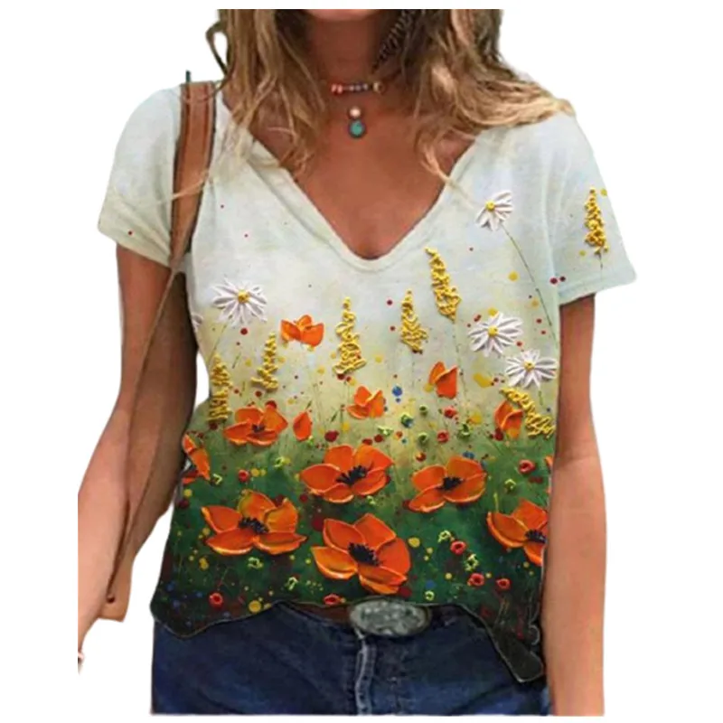 

2021 New Women Floral Printed T Shirt Short Sleeve V-neck Loose Ladies Casual Tops 3xl Plus Size Tee Summer Oversized Streetwear