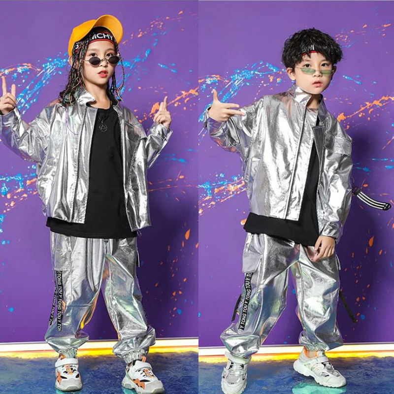 

Kid performance Hip Hop Clothing Sliver Jacket Top Coat Loose Casual Pants for Girls Boy Jazz Dance Costume Clothes Street Wear
