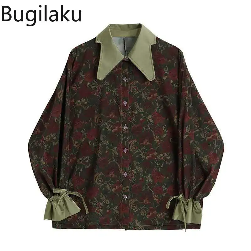 

Женская винтажная рубашка Bugilaku с отложным воротником, однобортный Топ с цветочным принтом, модная блузка с длинным рукавом