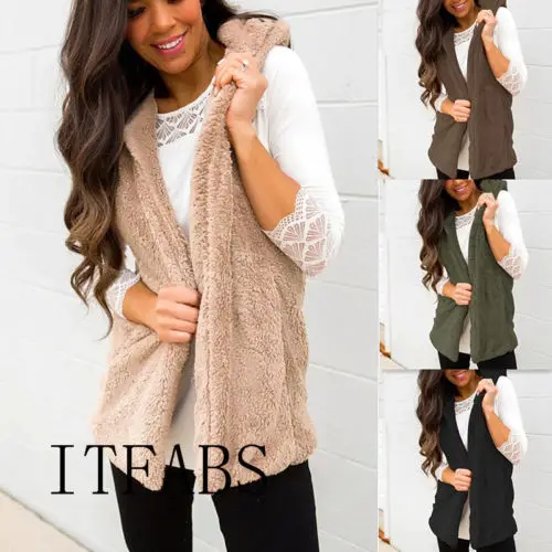 2019 женский зимний жилет с капюшоном Теплый из искусственного меха Кардиган