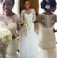 long sleeves mermaid wedding dresses court train lace appliques butons back women bridal custom weddings gowns