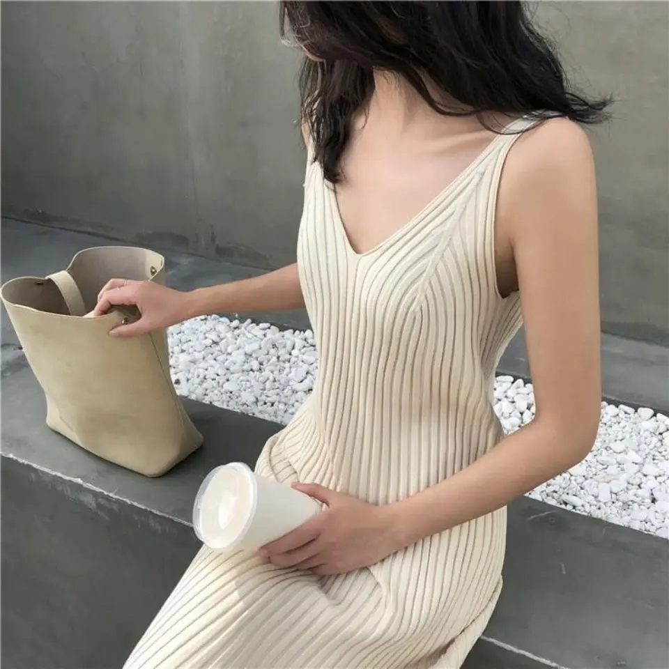 

HOUZHOU Knitted Dress White Sexy V-Neck Midi Dress Bare Shoulder Sundresses Spaghetti Strap Office Lady Elegant Fashion