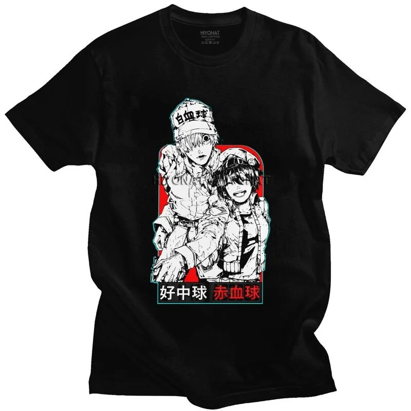 

Футболка мужская с коротким рукавом Hataraku Saibou, красно-белая футболка с клеточками крови на работе, футболка "Манга" Летняя хлопковые футболки