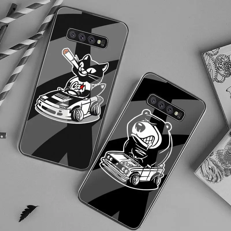 

HUAGETOP Cartoon JDM Drift Car Cat Bling Cute Phone Case Tempered Glass For Samsung S20 Plus S7 S8 S9 S10 Plus Note 8 9 10 Plus