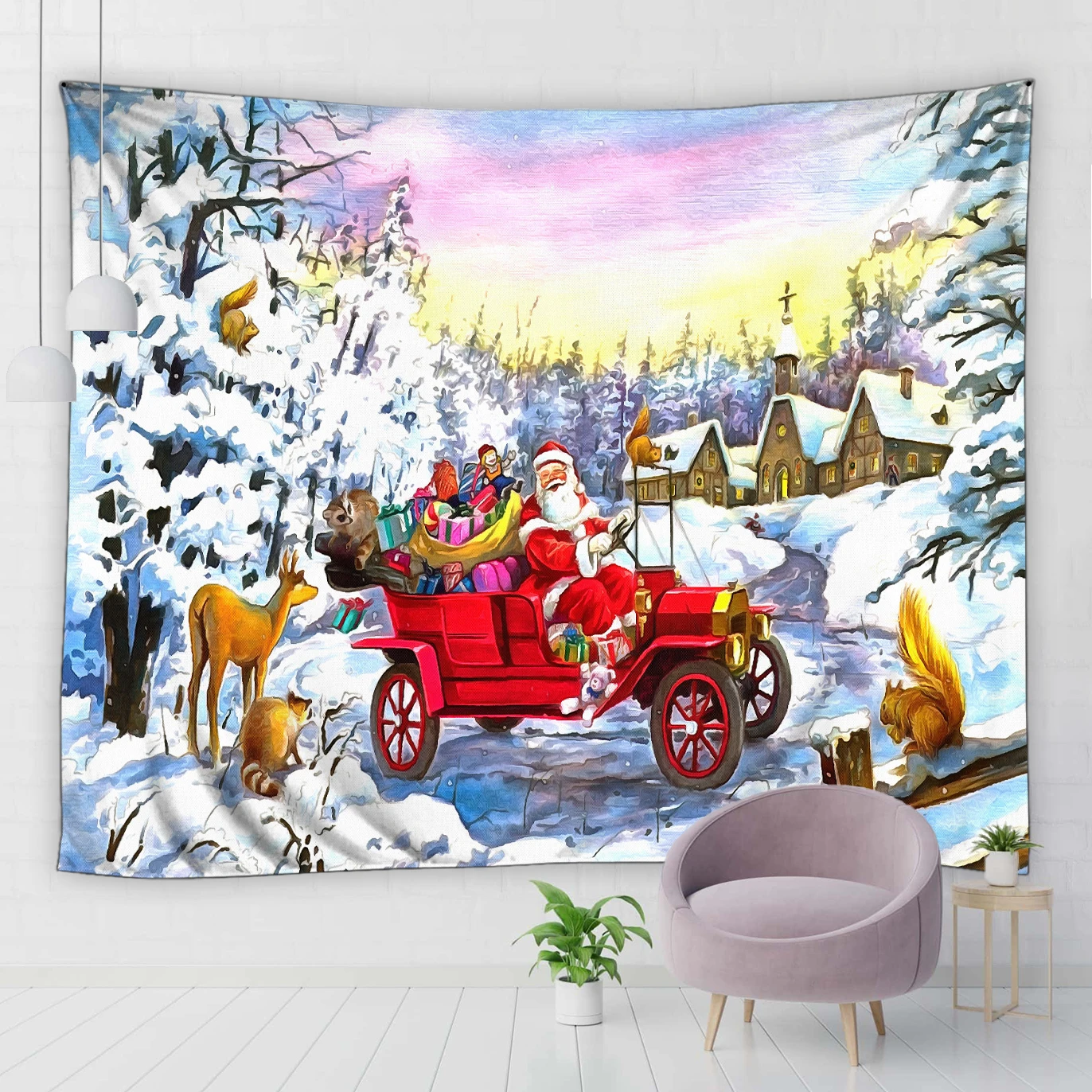 

Christmas Tapestry Santa Driving Truck in Forest Trees Snow Elk Deer Anti-slip Mats Door Entrance Mat Doorway Carpet Aisle Rugs