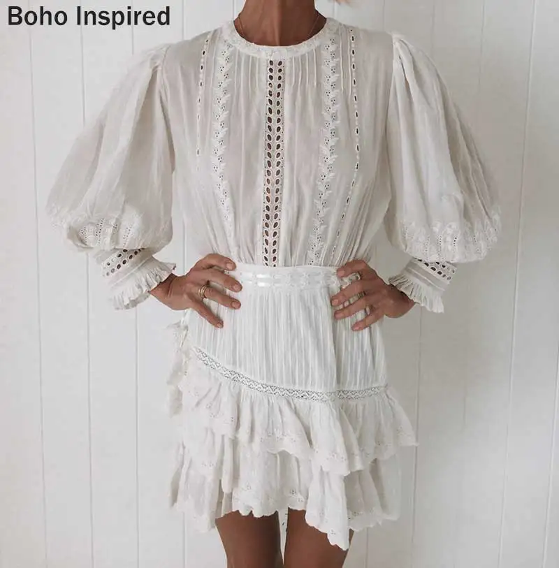 BOHO INSPIRED Lorelei tiered white party dress embroidery ruffle dress women O-neck lantern sleeve mini cotton boho dress