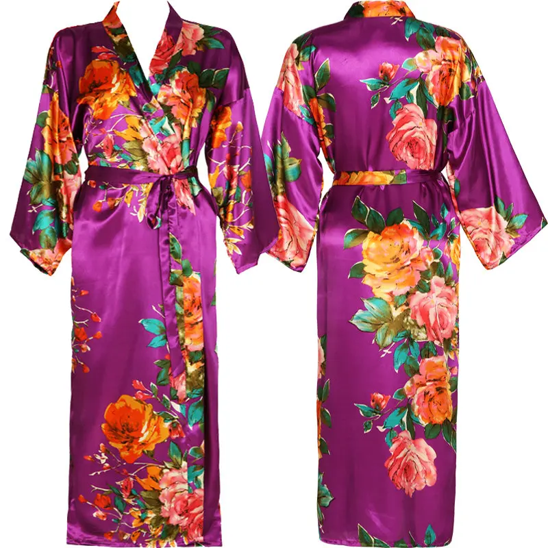 satin Long Floral Robe Kimono robe Silk Satin Flower Bathrobe Night Dress Wedding Robes for women Bridesmaids Bride Sleepwear