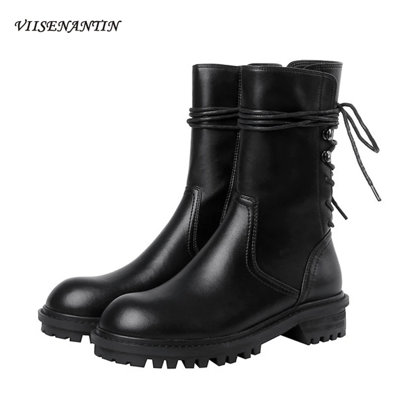 

Зимние женские ботинки до середины икры с кружевом сзади в Корейском стиле черные красивые кожаные полусапожки в британском стиле