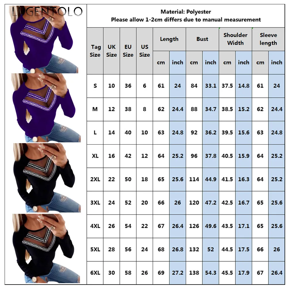 

Lugentolo Women T-shirt Sexy O-neck Mesh Spring Tops Stitching Hollow Tshirt Beaded Long-sleeved Lady Casual T-shirts