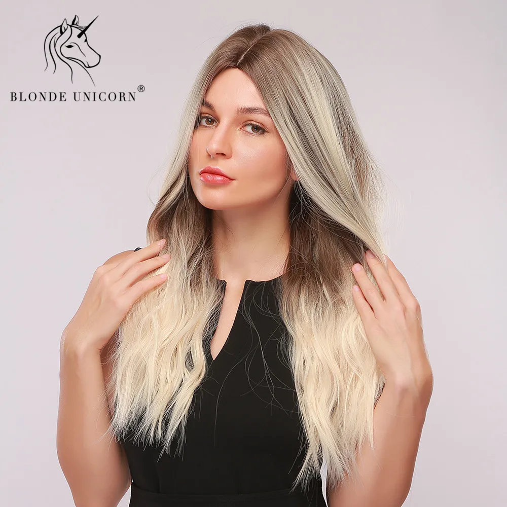 Блонд Единорог длинный волнистый синтетический парик темный корень волос Омбре