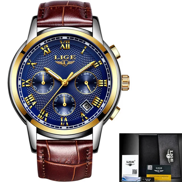 L gold blue LIGE, брендовые автоматические мужские часы, механические часы, Tourbillon, спортивные часы, кожа, Бизнес Стиль, Ретро стиль, часы Relojes Hombre+ коробка - Цвет: L gold blue