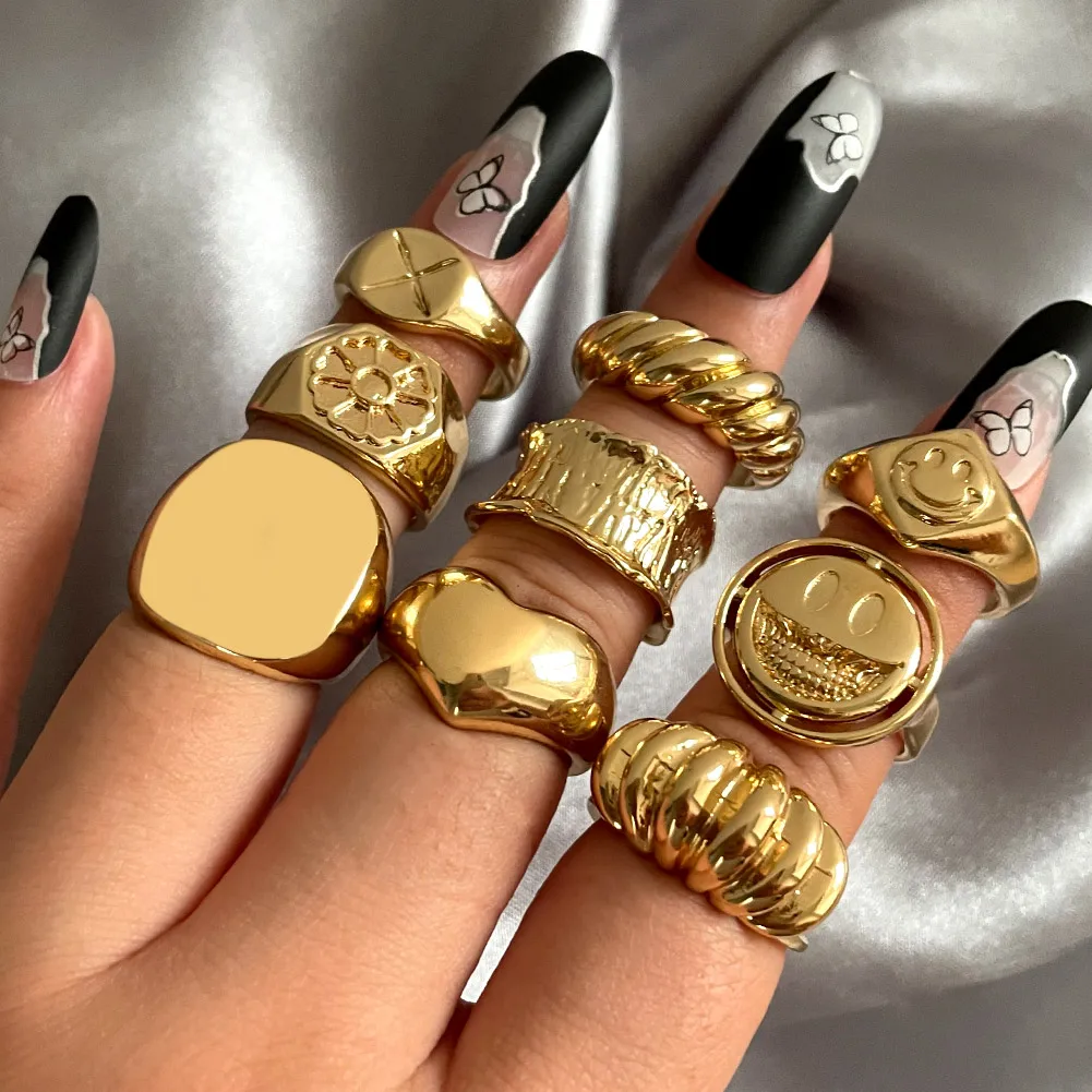 

Bling Golded Croissant Chunky Rings for Women Heart Portrait Butterfly Chain Open Metal Ring Trendy Accessories Wedding Jewelry