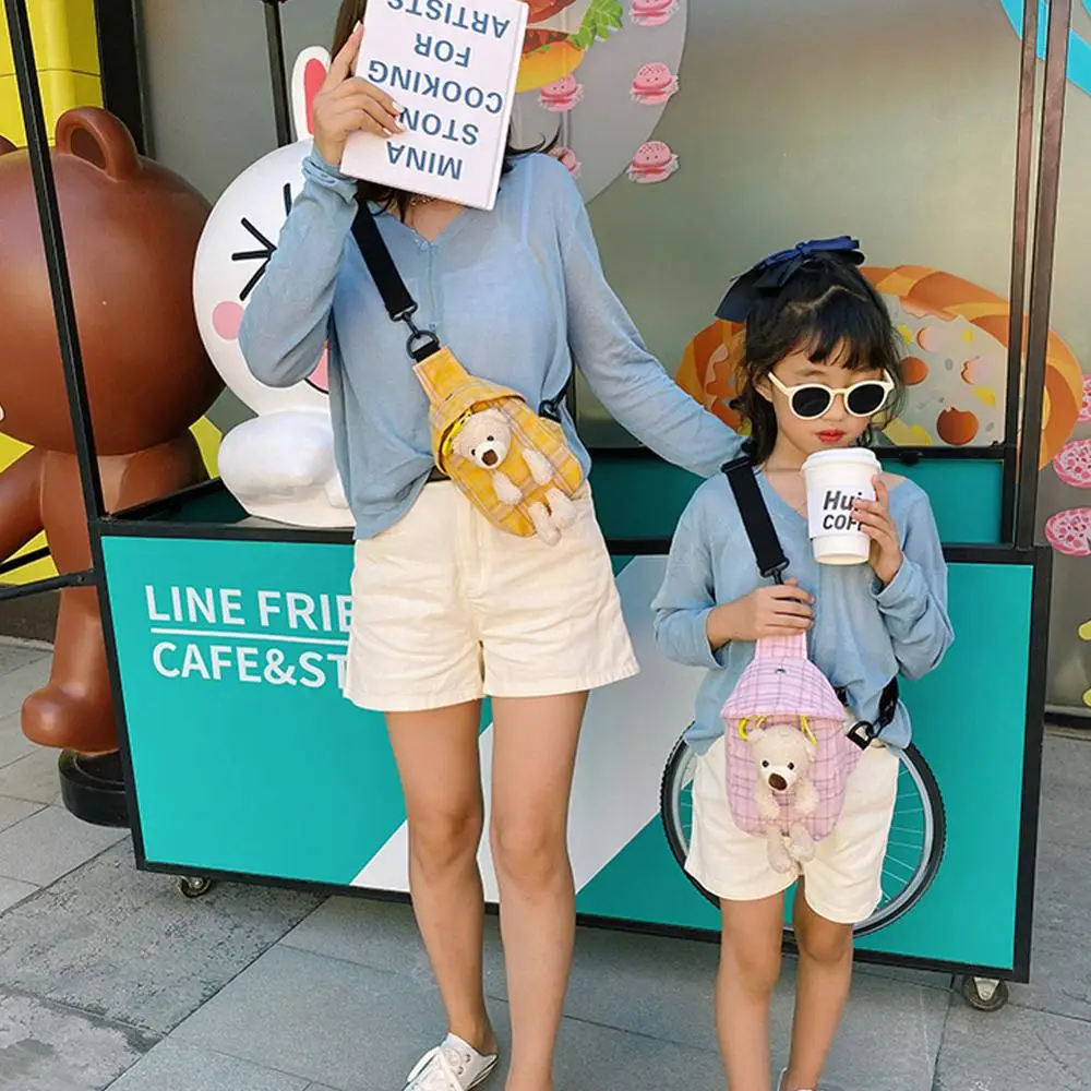 

Fashion Women Cute Bear Checked Messenger Bag Ladies Canvas Bag Plaid Pattern Chest Bag Shoulder Bag