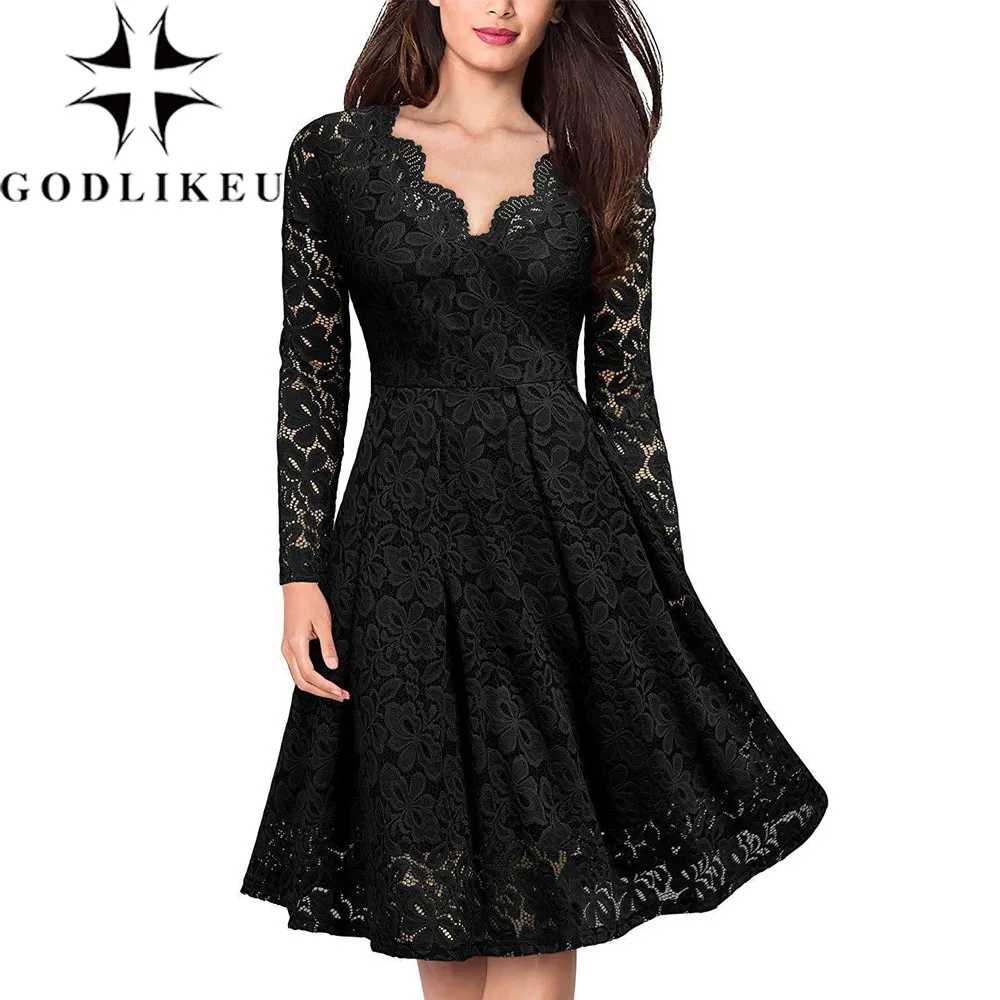 Женское кружевное платье с V образным вырезом воланом и длинным рукавом|Женские