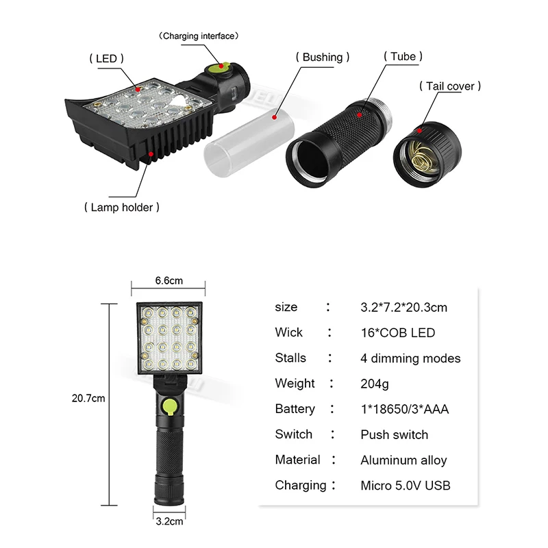 16 LED Flashlight usb 18650 or AAA Rechargable led torch lamp magnet to free hands camping car repair lanterna flashlight | Лампы и
