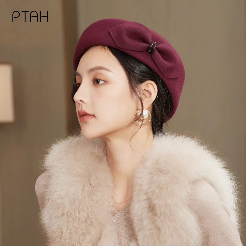 

[PTAH] Autumn Winter Women Beret French Artist 100% Australian Wool Beanie Hat Vintage Plain Beret Solid Color Elegant Lady Caps