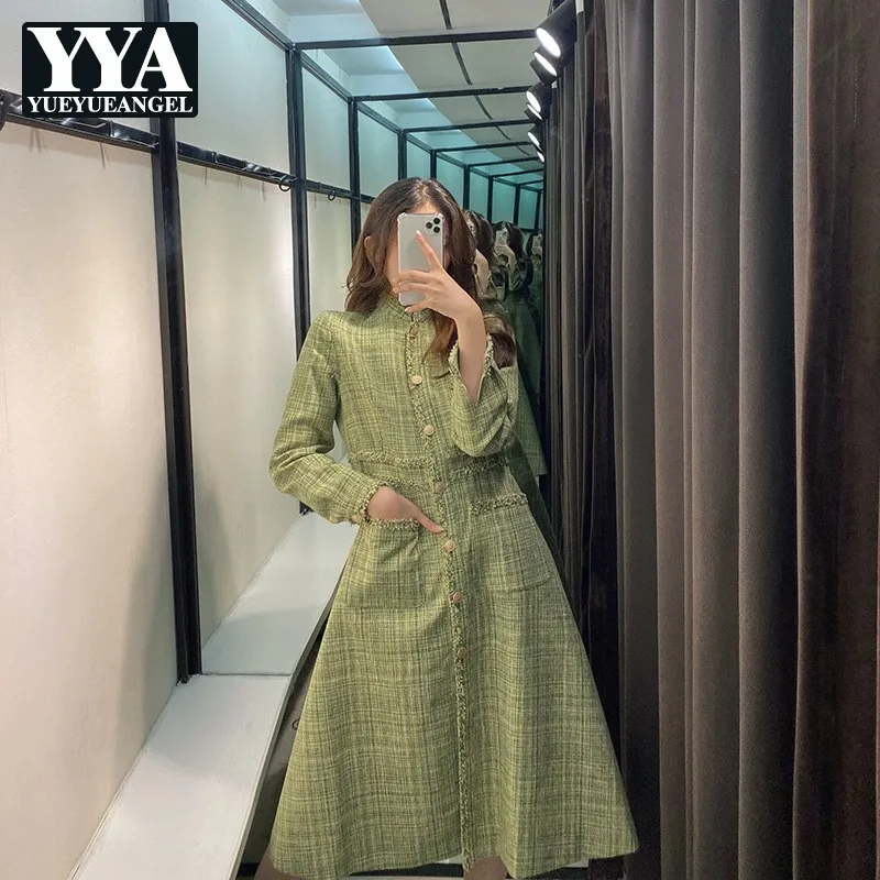 

Vintage Women Autumn Green Plaid Mid Calf Long Dress Elegant Ladies Vestido Retro Stand Collar Long Sleeve Ruffles Loose Dresses