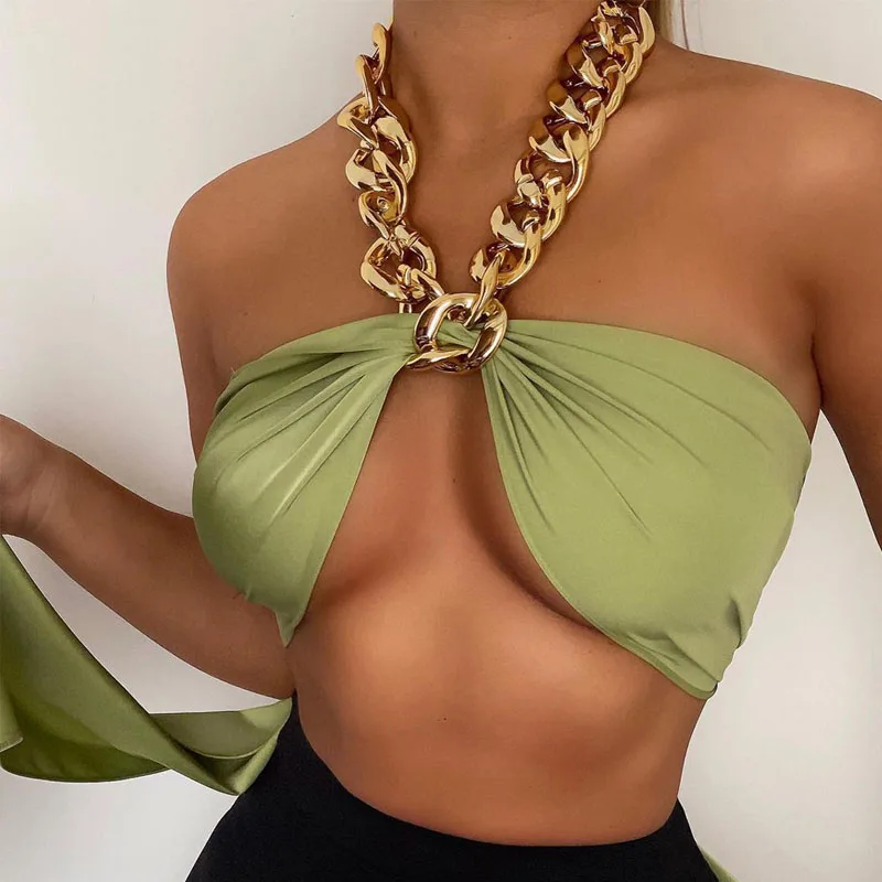 

Chic Fashion Halter Crop Tops with Metal Chain for Women Sleeveless Backless Wrap Chest Basic Summer Cropped Top