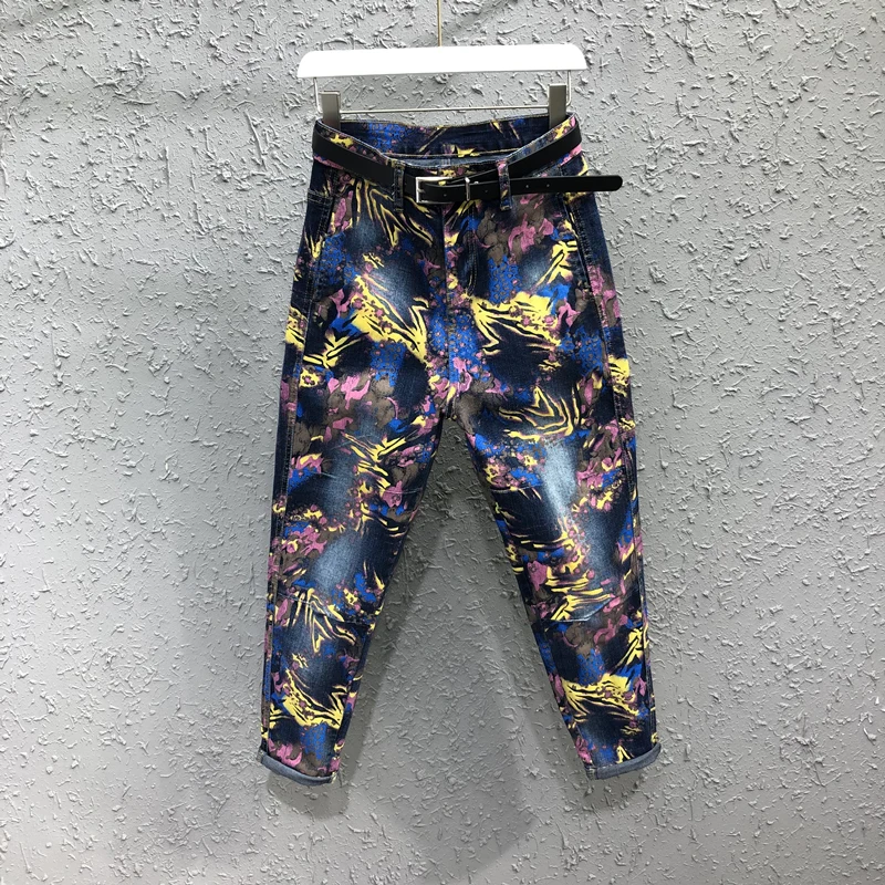

2021 New Spring Autumn Long Women Trousers Printed Color Folds Loose High Waist Stretch Jeans Full Length All-match Harem Pants