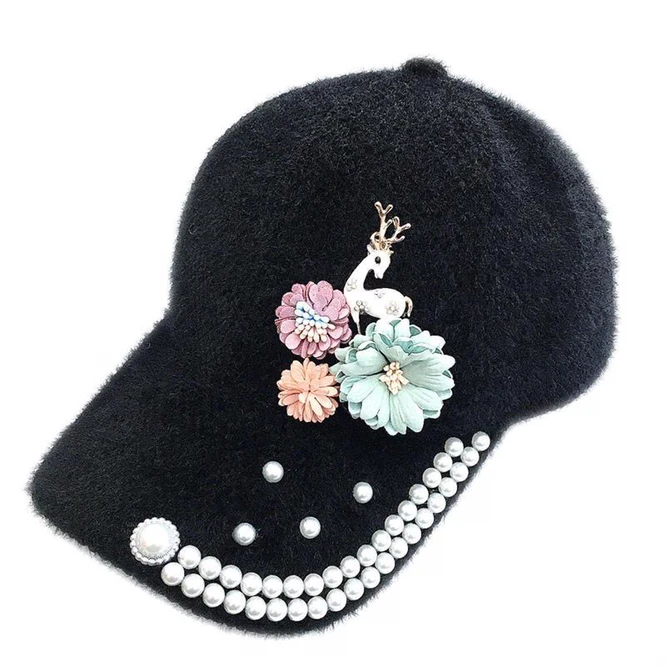 

Spring Autumn Sunscreen Cap Baseball Cap Women Leisure Girl Duck Flower Shading Handmade Flower Deer Plush Hat Black