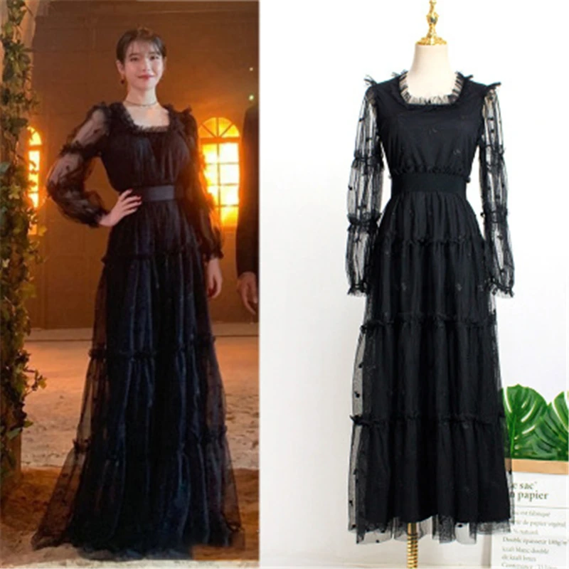 Черное платье с поясом для женщин DEL LUNA Hotel same IU летние корейские осенние подарки