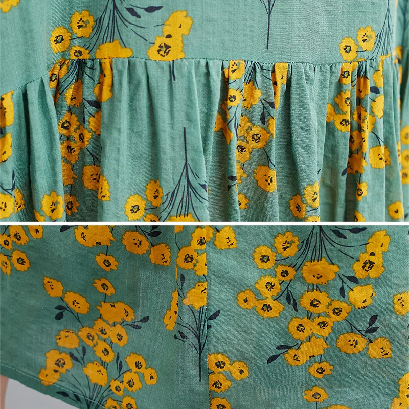 

New Arrival 2021 Summer Fashion Short Sleeve Women Dress Plus Size Cotton Linen Printed Floral Maxi Dress Robe Female Vestidos