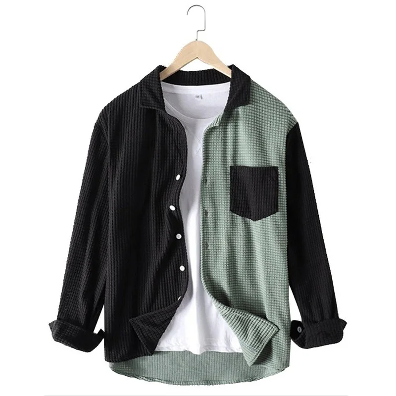 

Рубашка мужская Вельветовая в японском стиле, модная брендовая сорочка в стиле пэчворк, приталенная, Повседневная свободная, весна-осень 2021