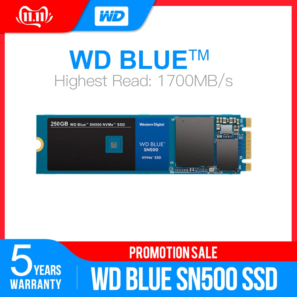 Western Digital Blue SN500 SSD накопитель 250 ГБ 500 Гб M.2 2280 NVMe PCIe Gen3* 2 Внутренний твердотельный накопитель для ПК