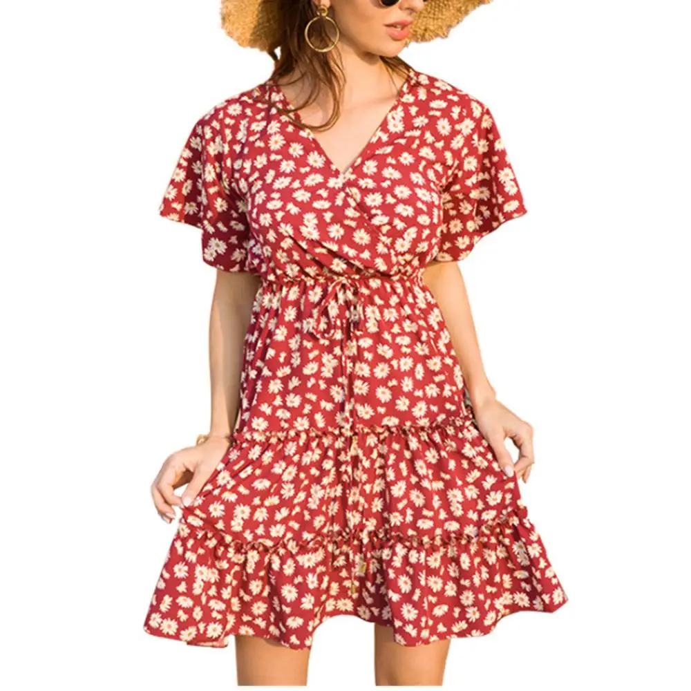 

Women Boho Floral Print Chiffon Summer Party Dress Beach Mini Sundress Women Short Sleeves Dresses