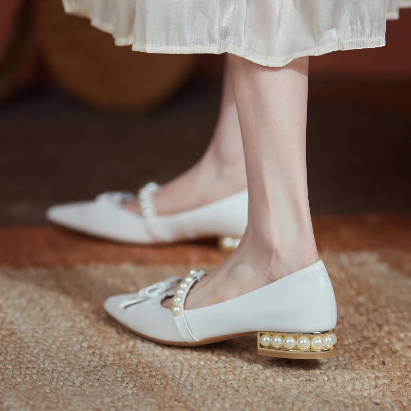 

Women pumps natural Leather shoes 22-24.5cm Cowhide upper Full leather Pearl heel buckle bow pointed toe shoes Mary Jane shoes