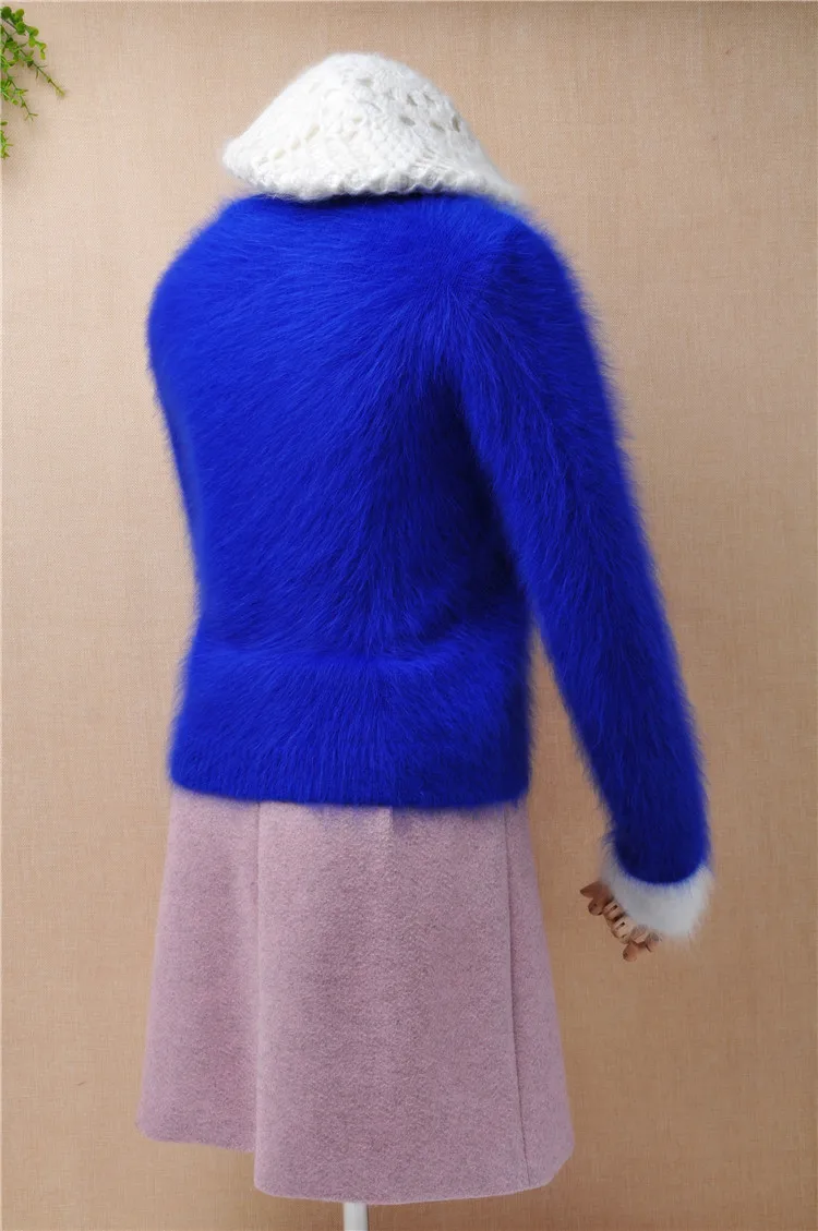 YT057 Женский Короткий стильный модный синий пушистый кашемировый тонкий пуловер