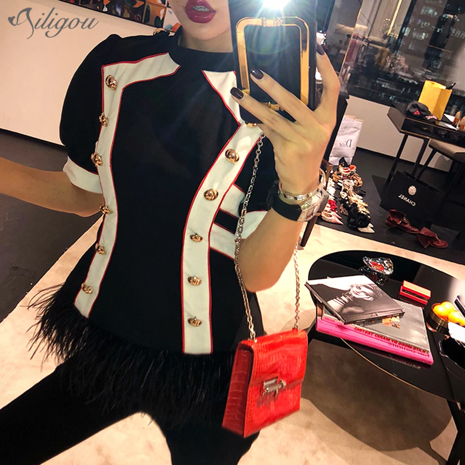 Ailigou 2020 летние женские модные дизайнерские Золотые кнопки страуса волосы