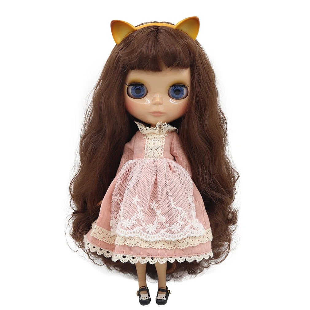 1/6 фабричная кукла blyth, игрушка из коричневых волос с челкой, загорелая кожа, повязка на голову для кошки, красное платье, обувь для кошки, комбинация 1/6, 30 см