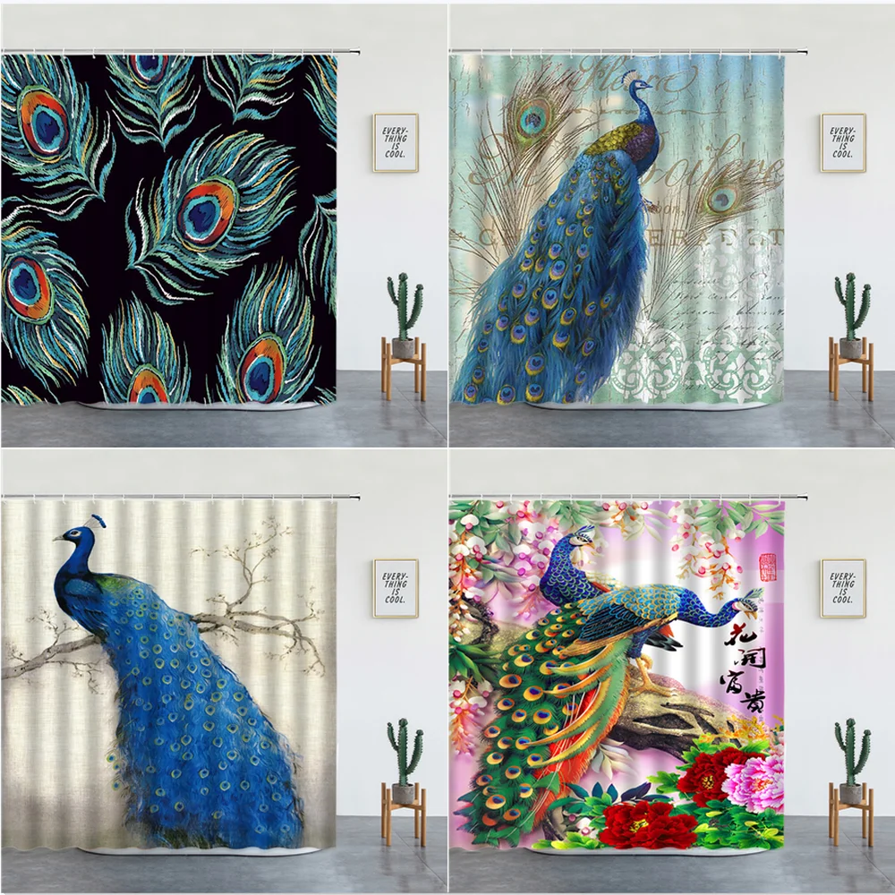 

Peacocks Shower Curtains Chinese Style Landscape Feather Wall Hanging Bathroom Decor Polyester Fabric Bathtub Screen With Hooks