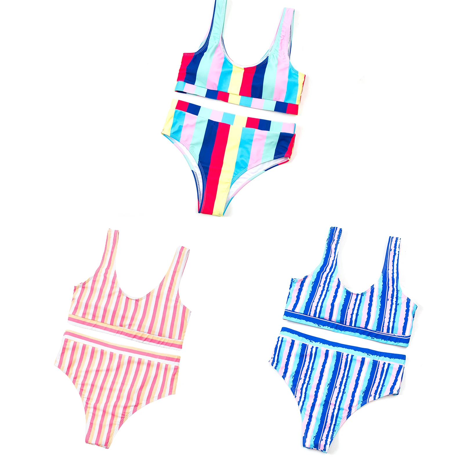 

Women Fashion 2-piece Swimming Suit Striped Tops+High Waist Bottoms Set Stylish Bathing Suit