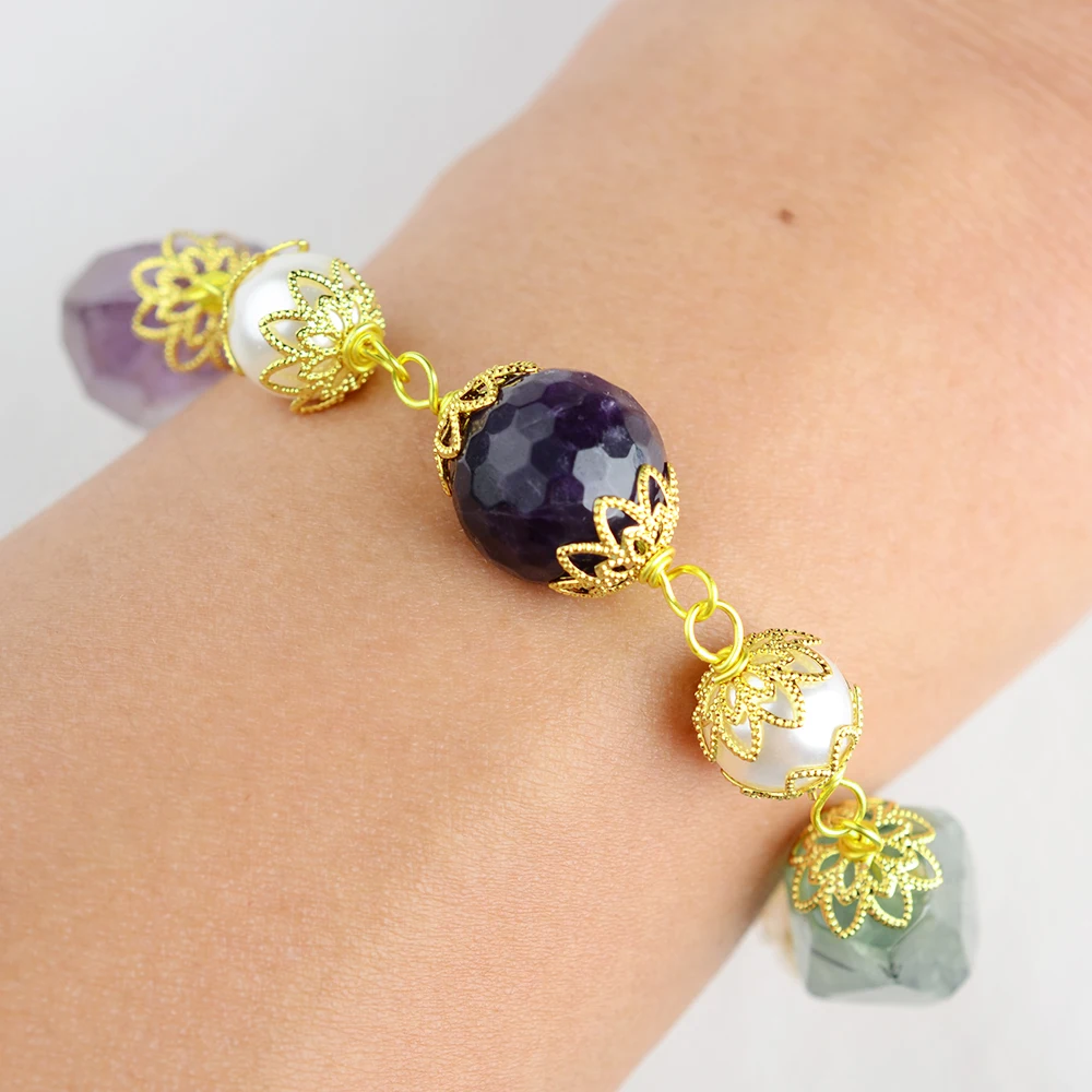 Белый морской жемчуг аметист прент каменный браслет с драгоценными