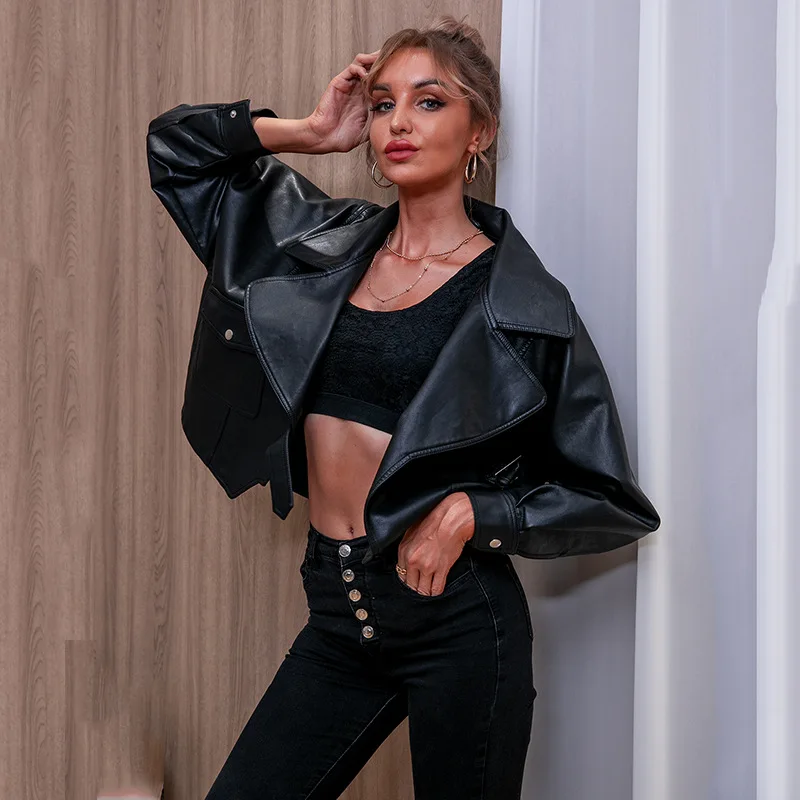 

New Oversize PU Leather Jacket Women 2022 Fashion Long Sleeve Women's Leather Jacket Black Motorcycle Jacket Streetwear Feamle