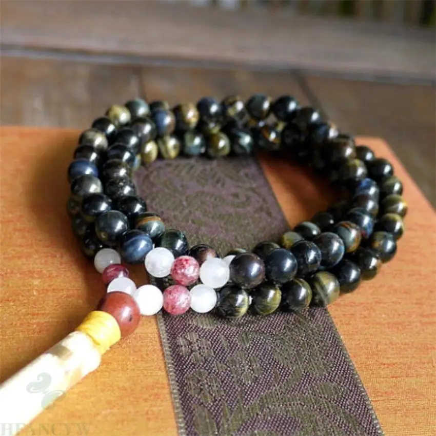 

8mm Tiger Eye Stone White jade Mala Bracelet 108 Beads Wristband Handmade pray spirituality Tassel cuff Reiki Unisex Bless