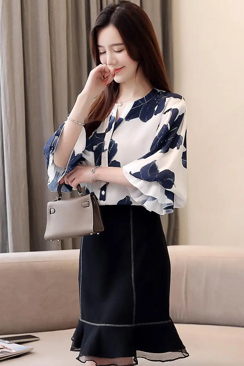 

Houthion New Women Blouse Printing V-neck Bow Chiffon Top 3/4 Sleeve Loose Fashion Blouses Comfortable Casual Shirt