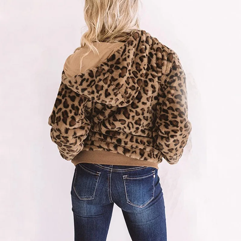 

Leopard Winter Hoodie Hairy Shaggy Fur Jacket Coat 2020 Warm Thick Zipper Loose Overcoat Fashion Furry Fur Women Short Outerwear