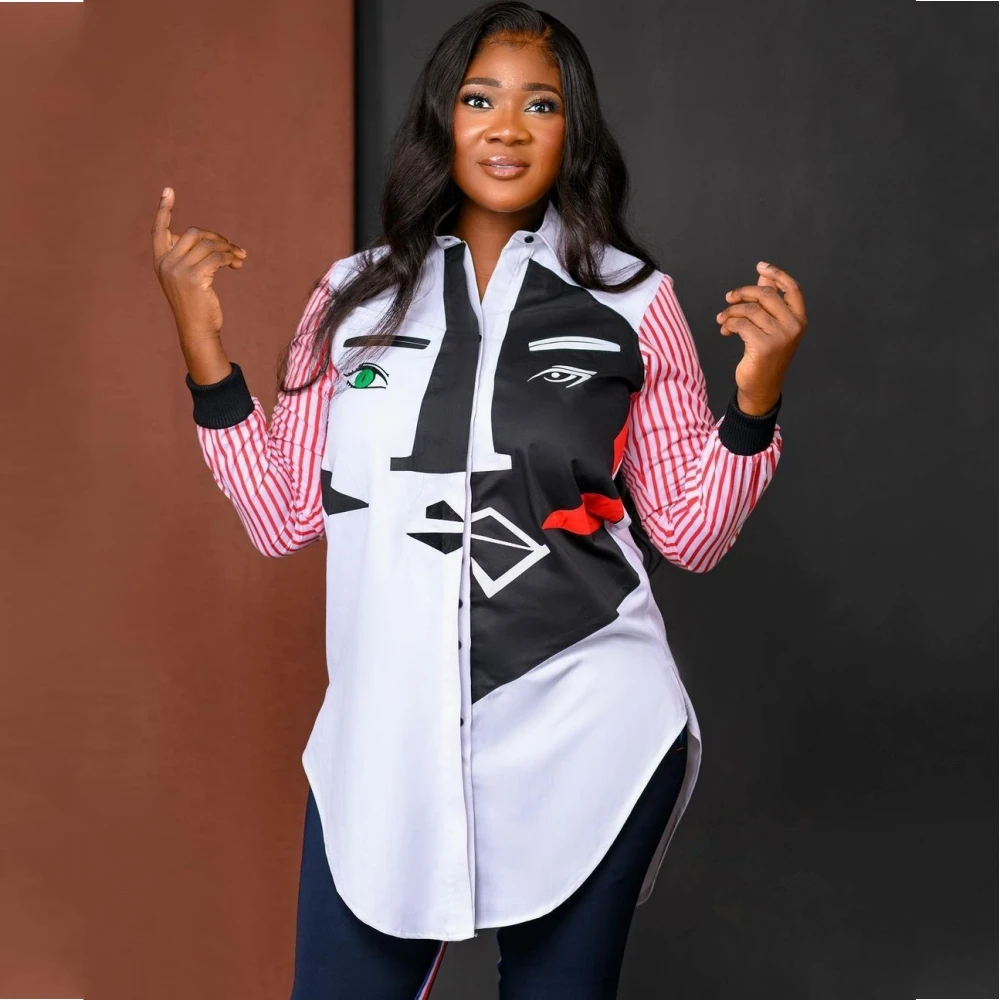 

Женская блузка в полоску, Повседневная рубашка с отложным воротником и длинным рукавом, туника, весна-осень 2021