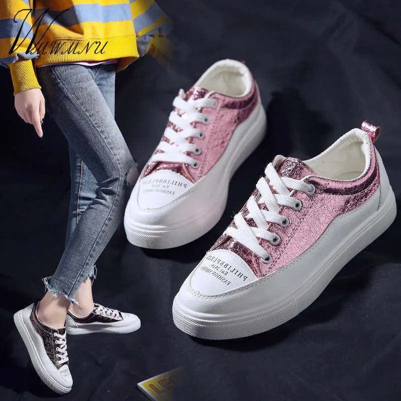 

Harajuku Streetwear Bling White Shoes Spring Autumn Women Casual Flat Lace-up Sport Running Shoes Fashion Sneakers Calzado Mujer